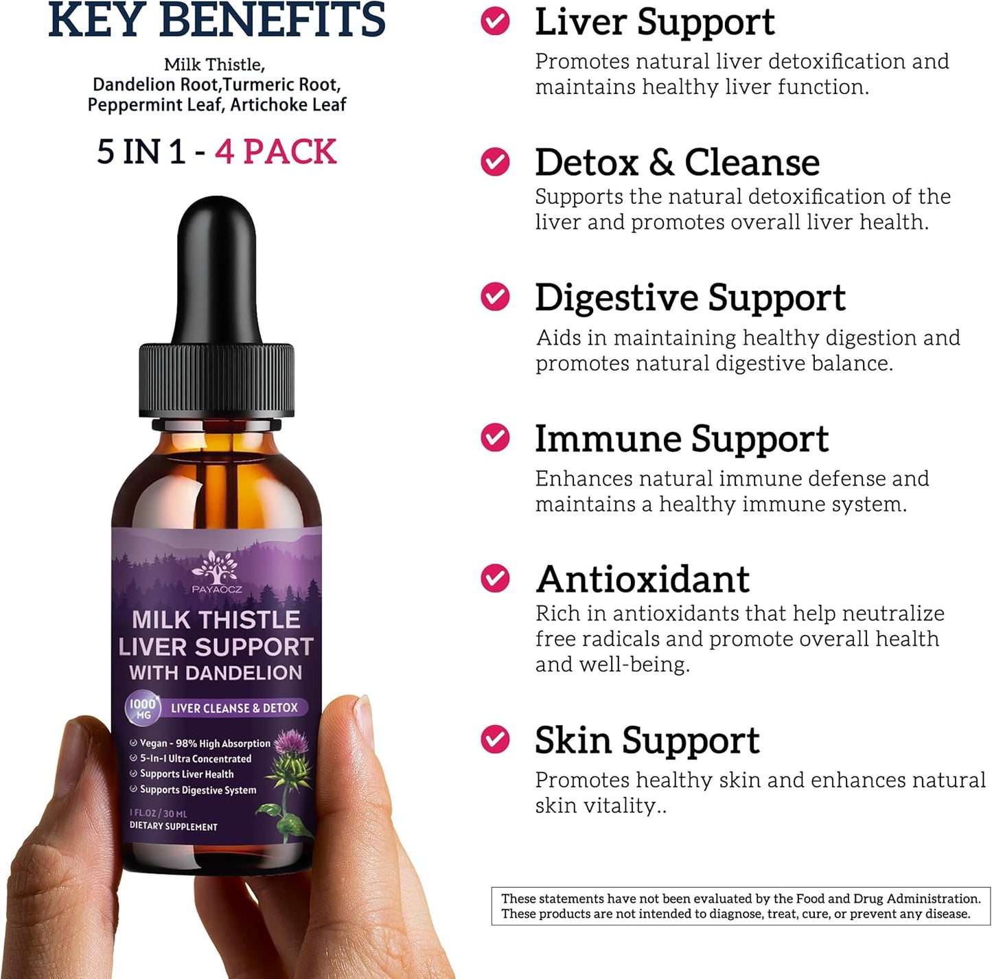 4 Pack Milk Thistle Liquid Drops Silymarin 1000mg Liver Detox Cleanse Organic Extract Repair Health Vegan Non-GMO