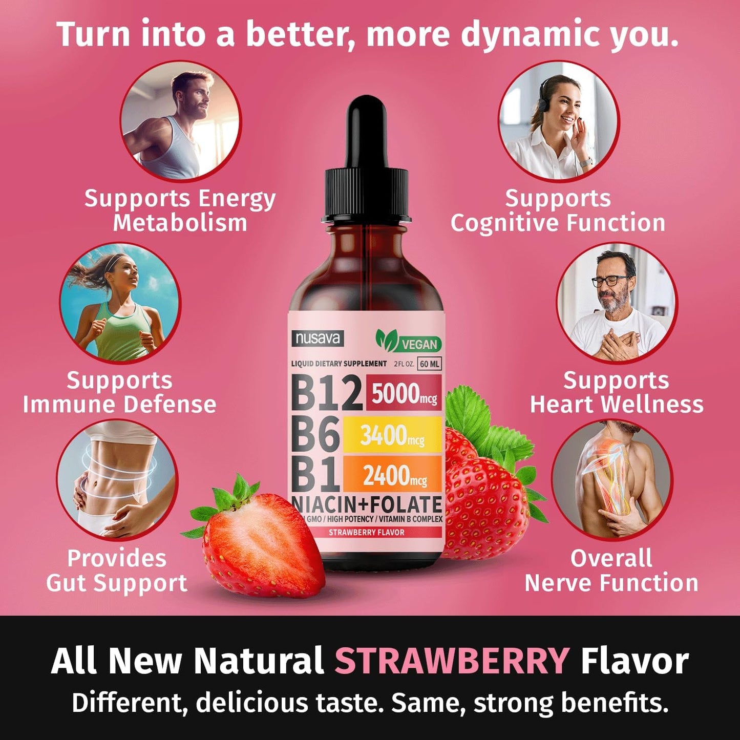 4 Pack NUSAVA Liquid Vitamin B12 and B6 Drops - Sublingual B Complex with Methylcobalamin for Energy, Brain, Heart Support - 27,200 mcg - Strawberry Flavor - 80 Servings