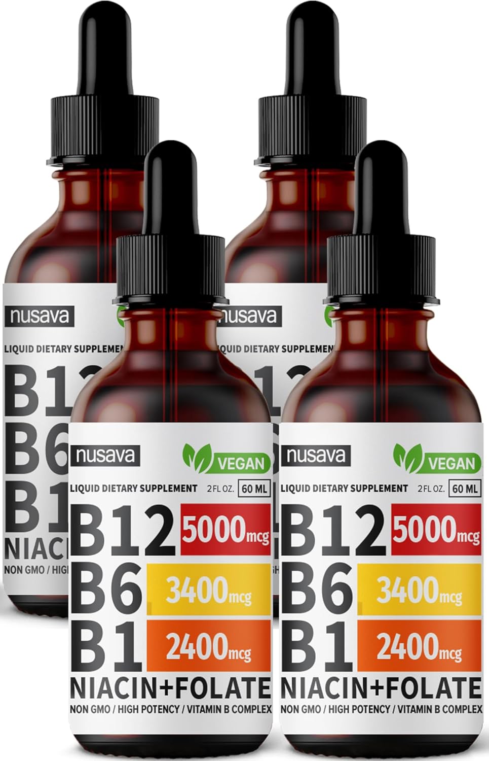 4 Pack NUSAVA Sublingual Vitamin B Complex B12 Methylcobalamin Liquid Drops for Energy, Brain, Heart Support - 27,200 mcg, 80 Servings