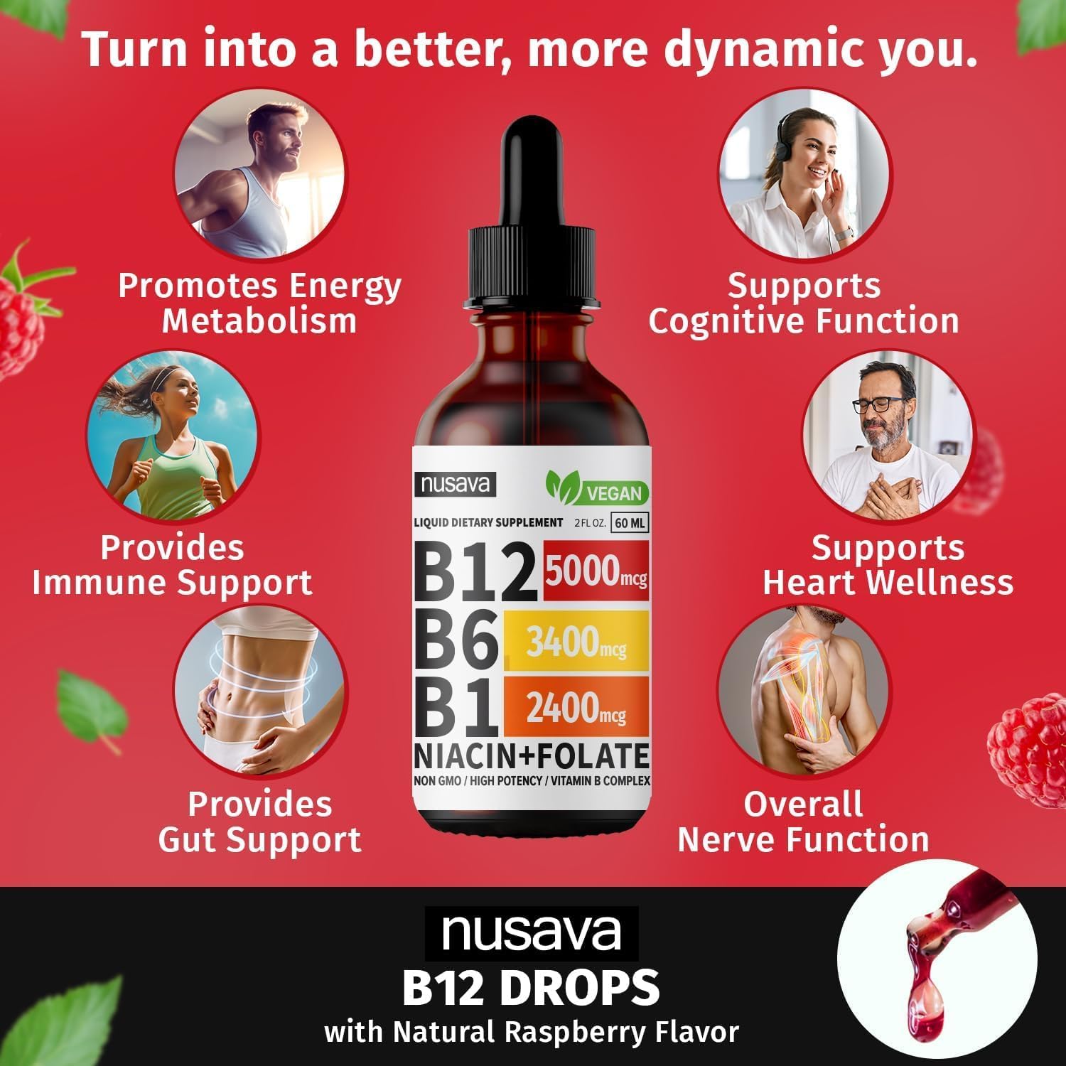 4 Pack NUSAVA Sublingual Vitamin B Complex B12 Methylcobalamin Liquid Drops for Energy, Brain, Heart Support - 27,200 mcg, 80 Servings