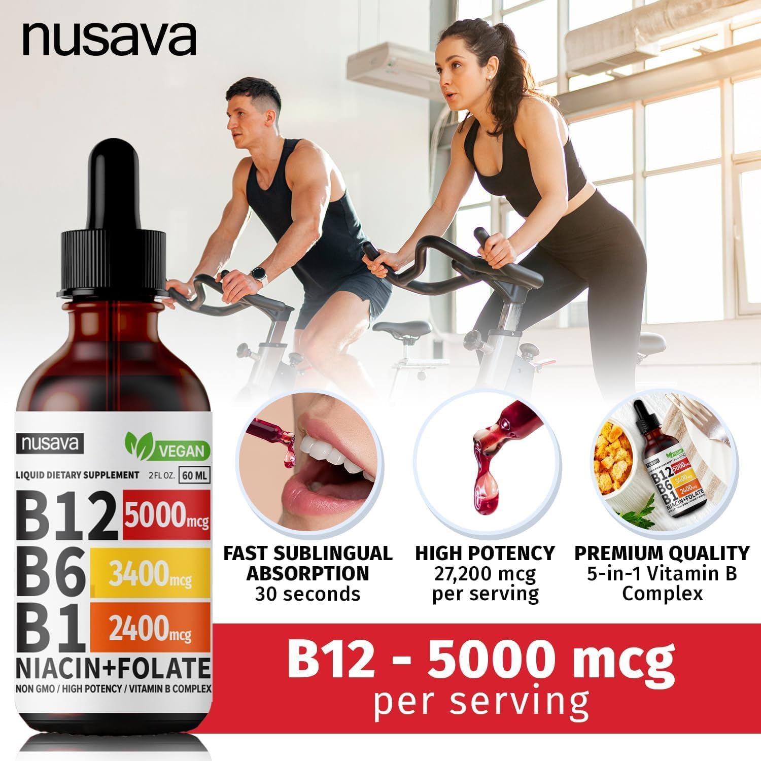 4 Pack NUSAVA Sublingual Vitamin B Complex B12 Methylcobalamin Liquid Drops for Energy, Brain, Heart Support - 27,200 mcg, 80 Servings