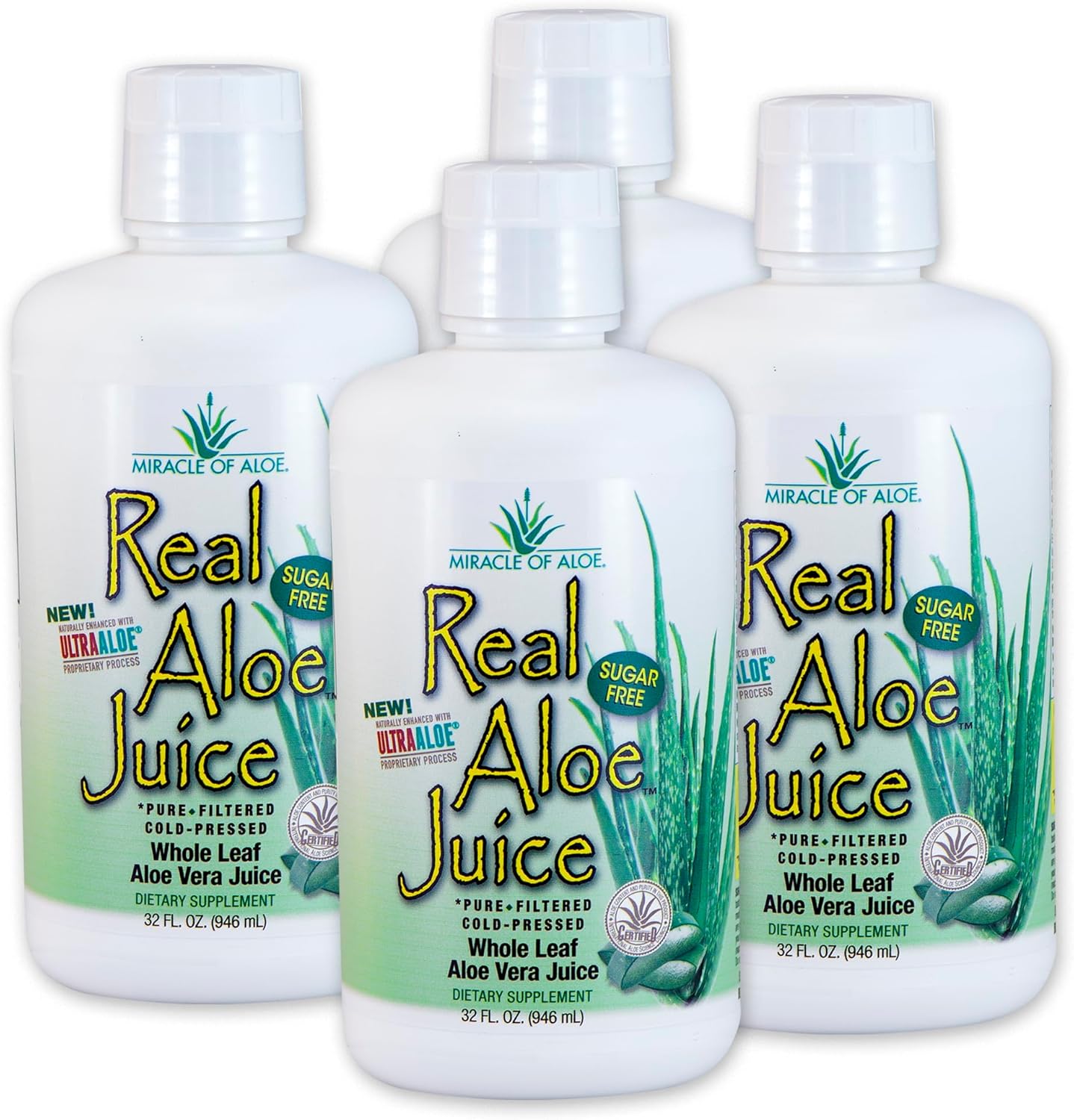 4-Pack of Miracle of Aloe Real Aloe Vera Juice, 1 Quart Each, Whole Leaf, Pure & Filtered, Certified for Purity