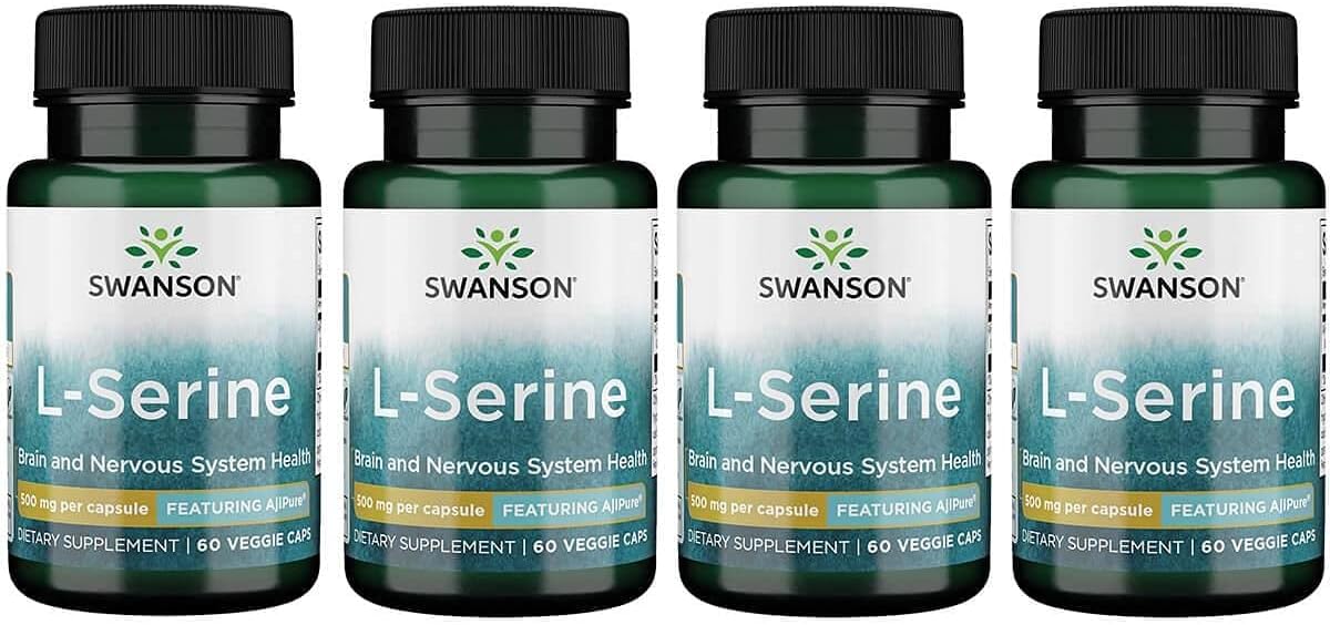 4 Pack of Swanson Ajipure L-Serine Amino Acid Supplement for Brain Health & Cognitive Function - 60 Veggie Capsules, 500mg