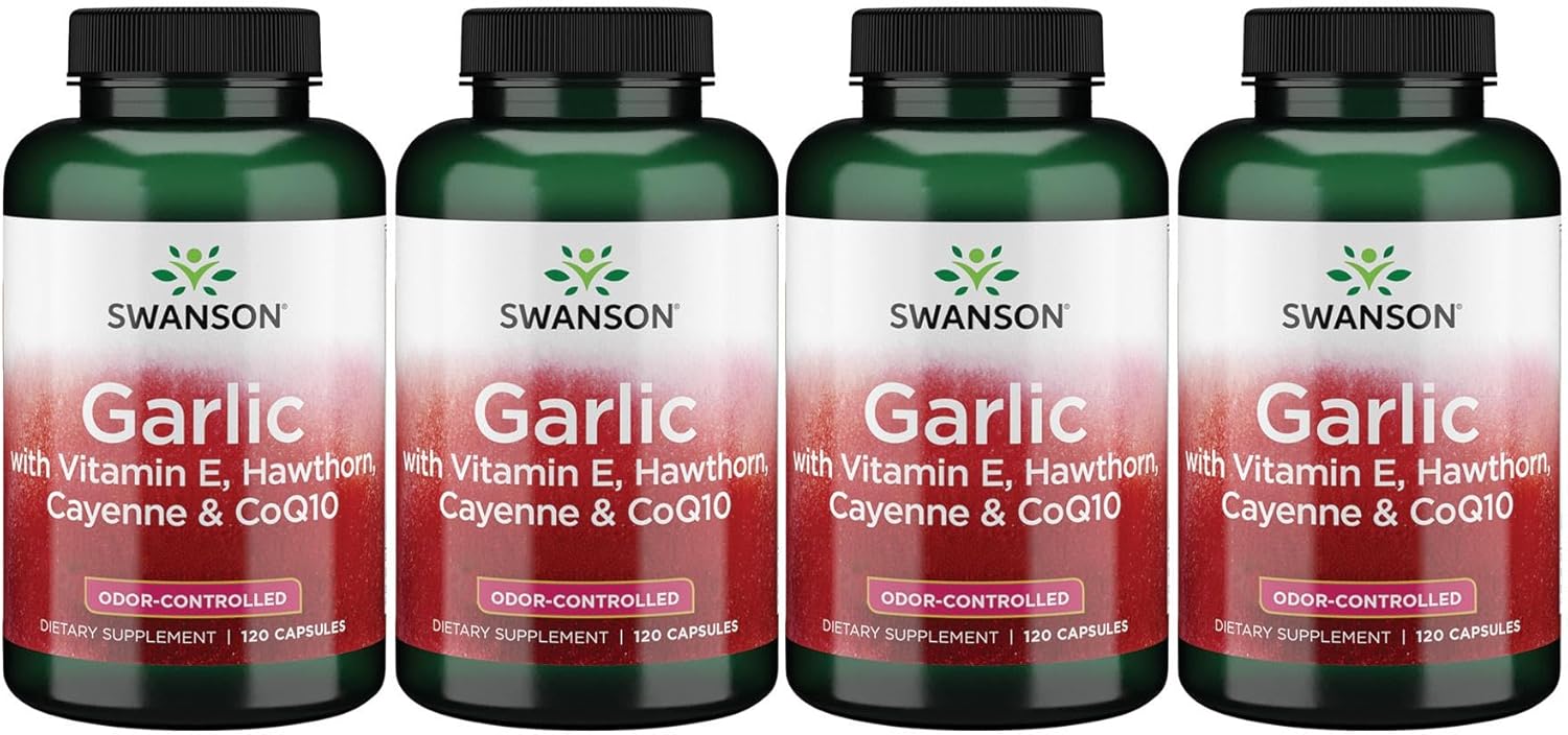 4 Pack of Swanson Garlic with Vitamin E Hawthorn Berry & Cayenne 120 Capsules - Heart Health Support Supplement