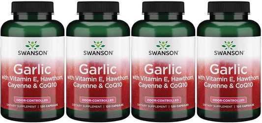 4 Pack of Swanson Garlic with Vitamin E Hawthorn Berry & Cayenne 120 Capsules - Heart Health Support Supplement
