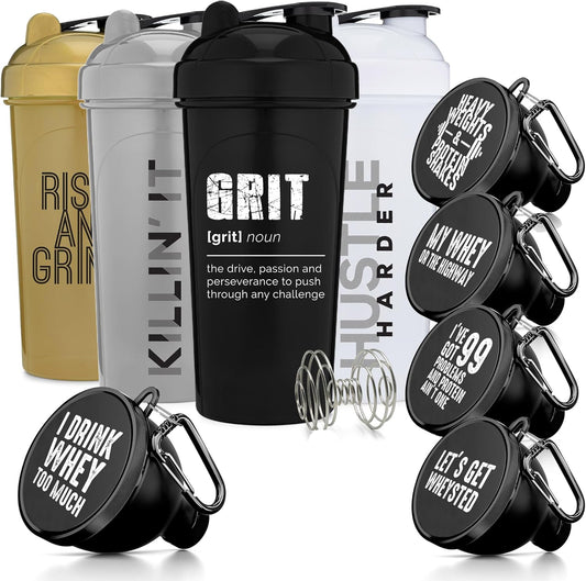 4-Pack Shaker Bottles with Agitator + 5-Pack Protein Funnels Bundle - BPA-Free & Dishwasher Safe, GOMOYO Fitness