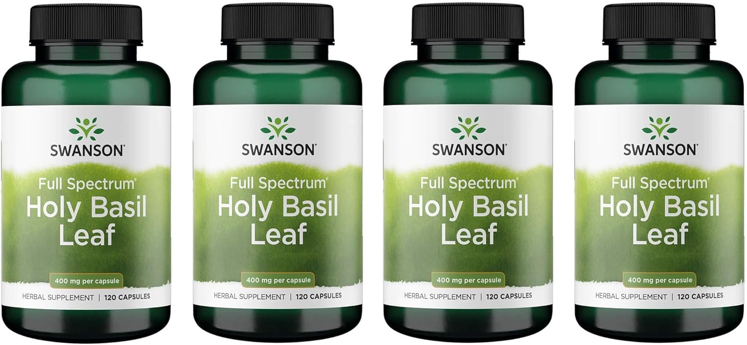 4 Pack Swanson Holy Basil Leaf (Tulsi) Stress Support Supplement - 120 Capsules, 800mg Per Serving - Well-Being Boost