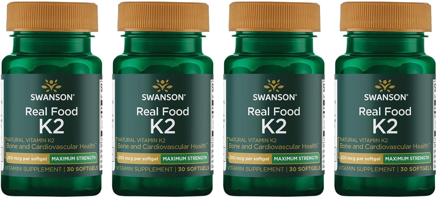 4 Pack Swanson Maximum Strength Vitamin K2 (Menaquinone-7) Supplement for Cardiovascular and Bone Health, Japanese Natto, 30 Softgels, 200mcg