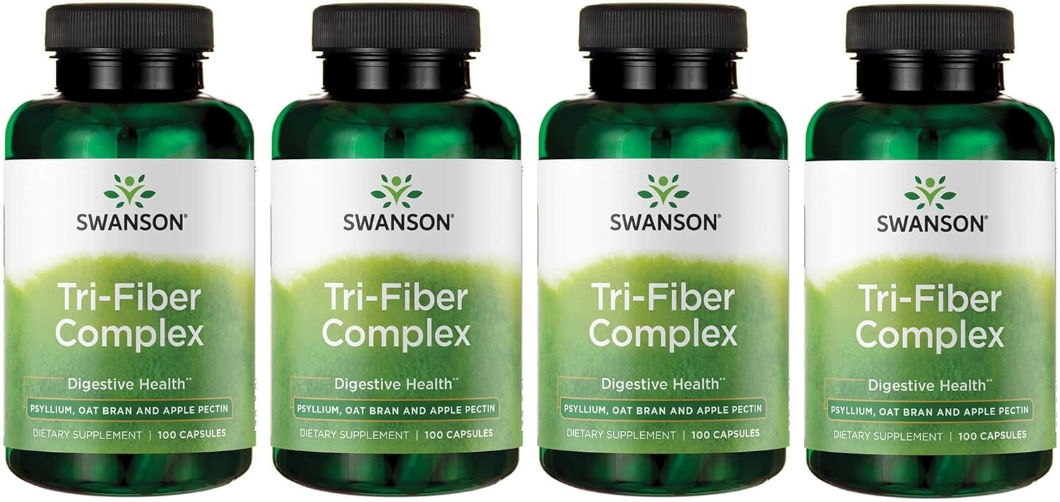 4 Pack Swanson Tri-Fiber Complex Capsules with Psyllium, Oat Bran, and Apple Pectin for Digestive Health - 100 Capsules