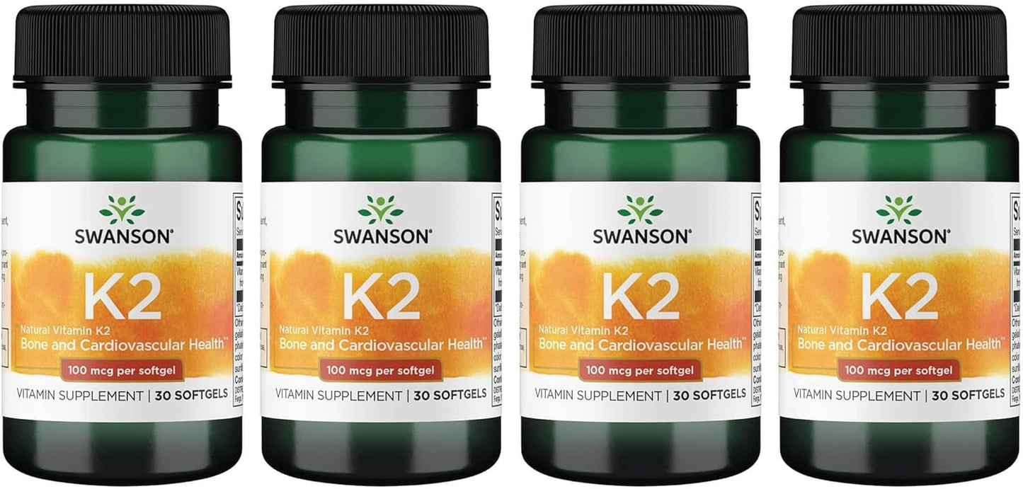 4 Pack Swanson Vitamin K2 (Menaquinone-7) Softgels - Supports Cardiovascular & Bone Health - Japanese Natto Source - 30 Softgels x 100mcg