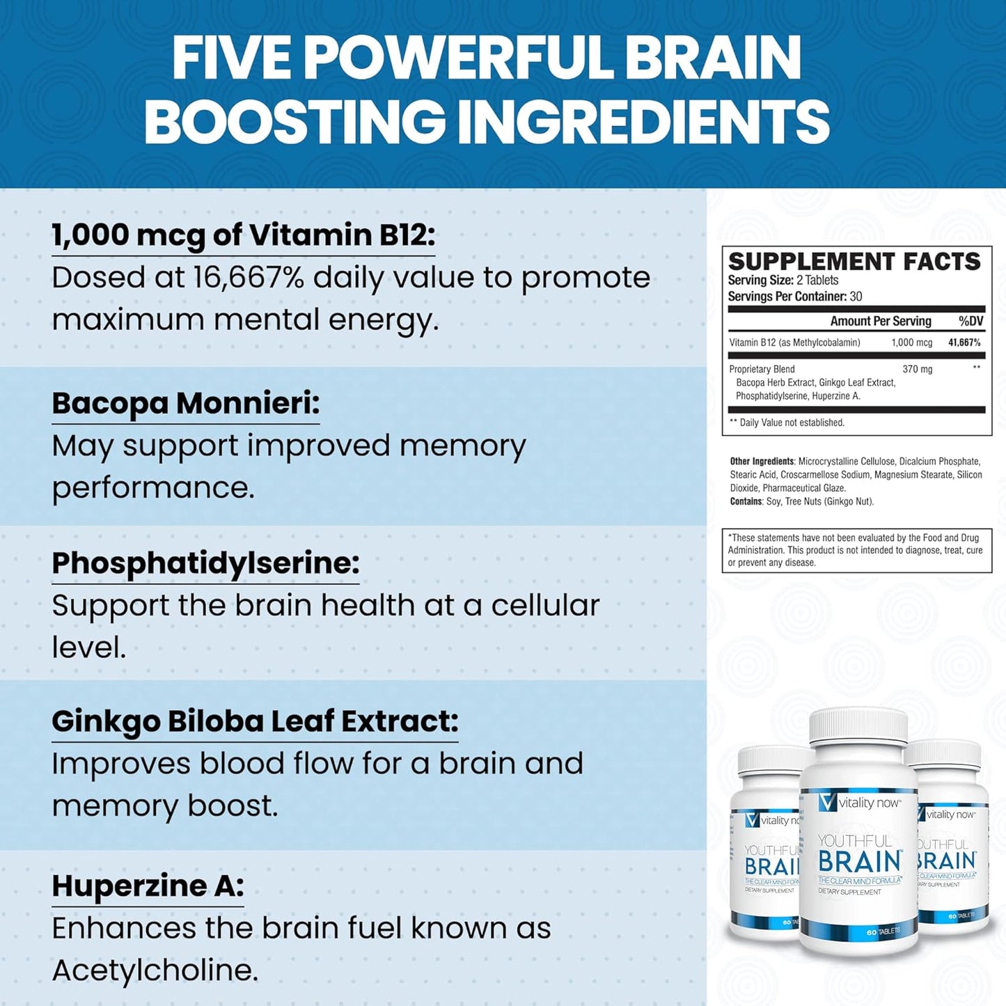 4-Pack Vitality Now Youthful Brain Memory & Brain Health Support Supplement - Bacopa Monnieri, Ginkgo Biloba, B12 - 240 Capsules for Brain Booster Clarity - 120-Day Supply