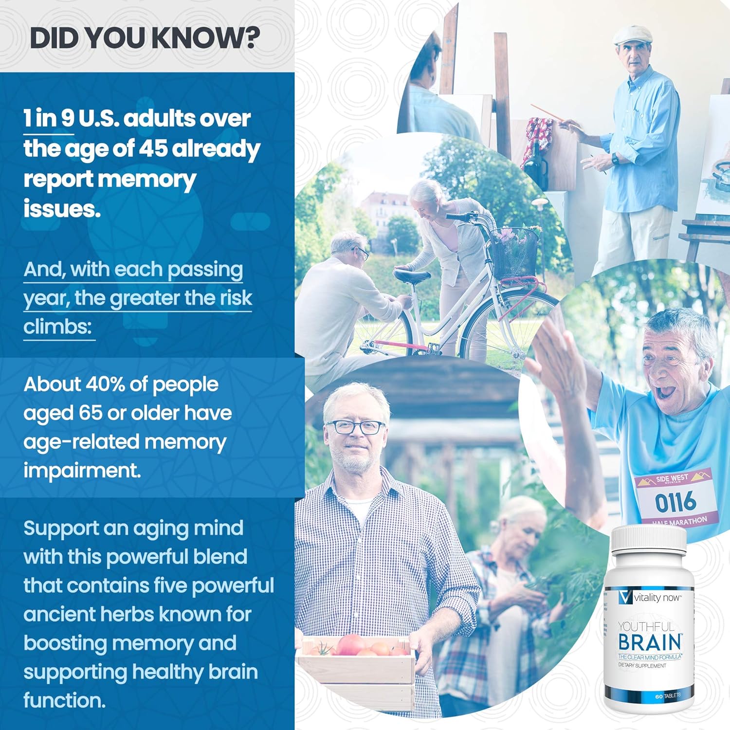 4-Pack Vitality Now Youthful Brain Memory & Brain Health Support Supplement - Bacopa Monnieri, Ginkgo Biloba, B12 - 240 Capsules for Brain Booster Clarity - 120-Day Supply