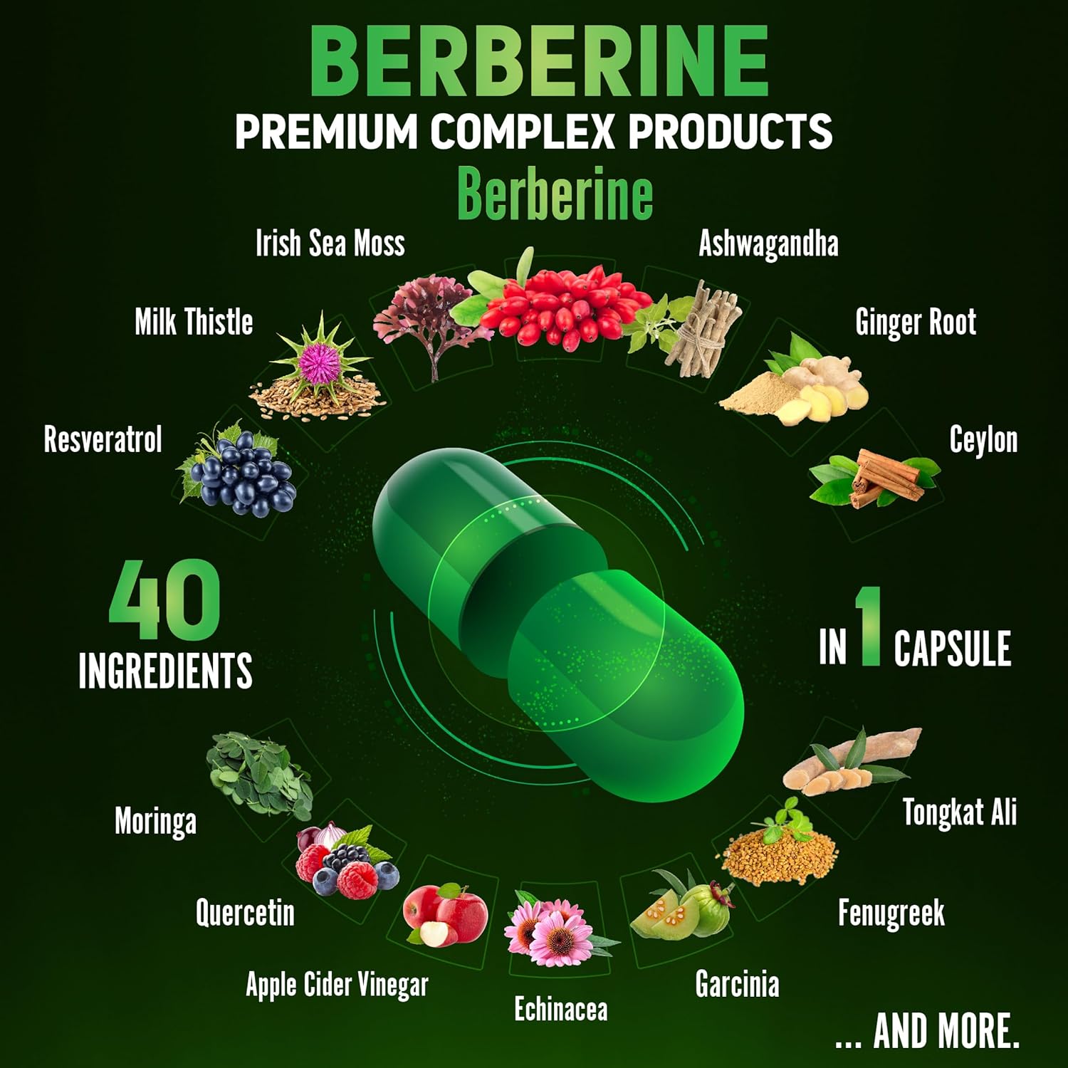 40-in-1 Berberine Supplement with Sea Moss, Cinnamon, Milk Thistle, Apple Cider Vinegar, Quercetin for Digestion, Immune System, Heart Health