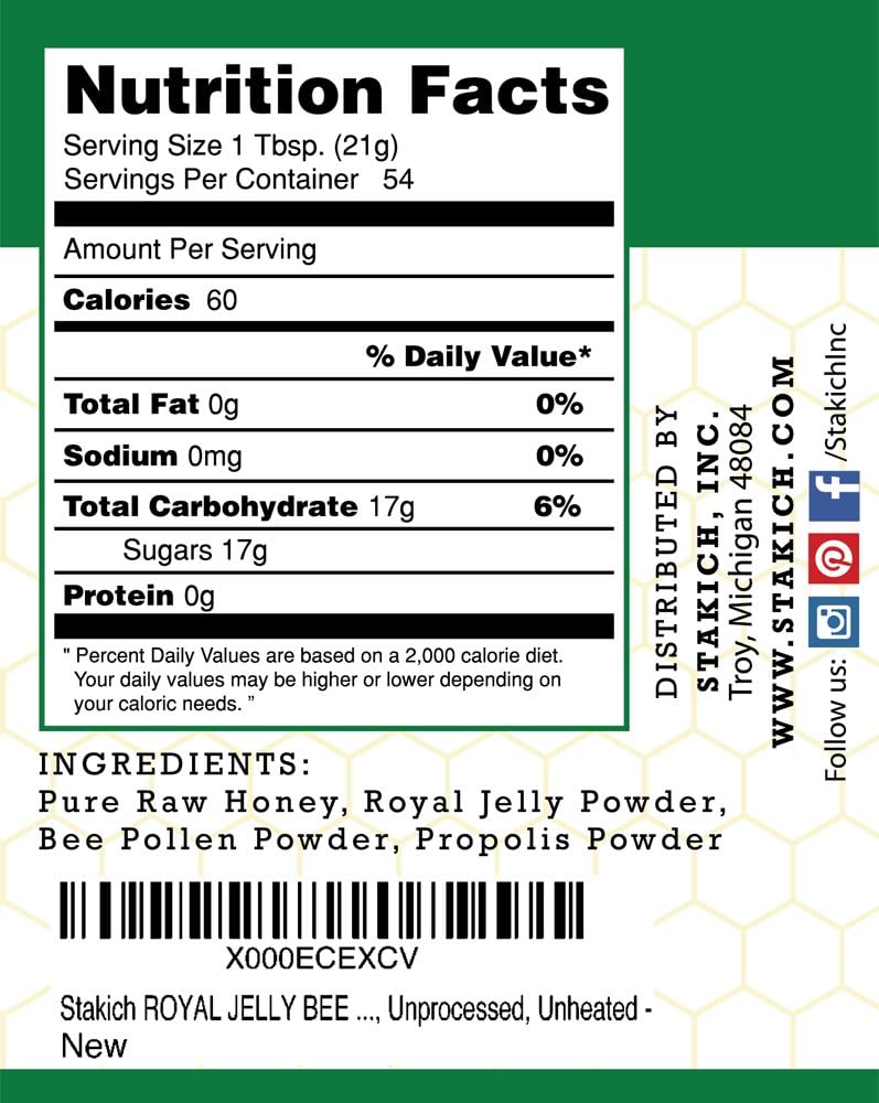 40 Ounce Stakich Royal Jelly, Bee Pollen, Propolis Raw Honey - Pure, Unprocessed, Unheated