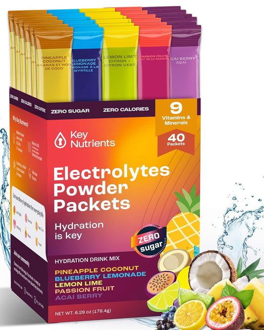 40 Pack of Gluten-Free Electrolytes Powder Packets with No Sugar - 5 Delicious Flavors for Hydration
