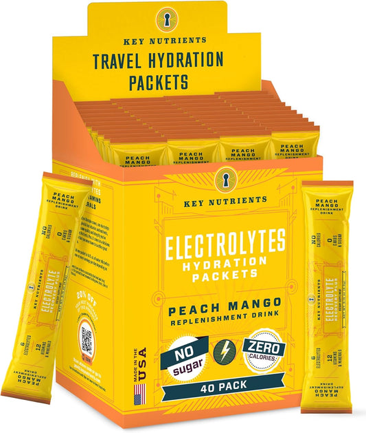 40 Pack Tropical Peach Mango Electrolyte Powder Packets - Key Nutrients Multivitamin Post Workout Recovery Hydration - Sugar-Free, Calorie-Free Travel Powder