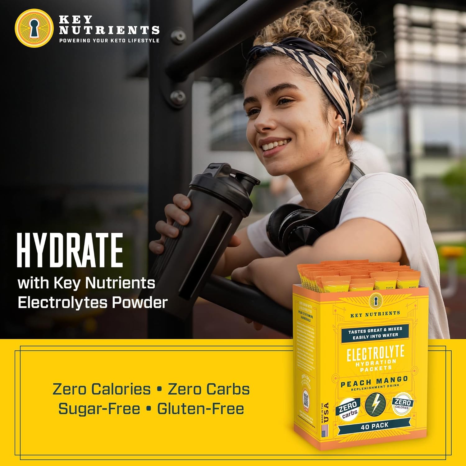 40 Pack Tropical Peach Mango Electrolyte Powder Packets - Key Nutrients Multivitamin Post Workout Recovery Hydration - Sugar-Free, Calorie-Free Travel Powder