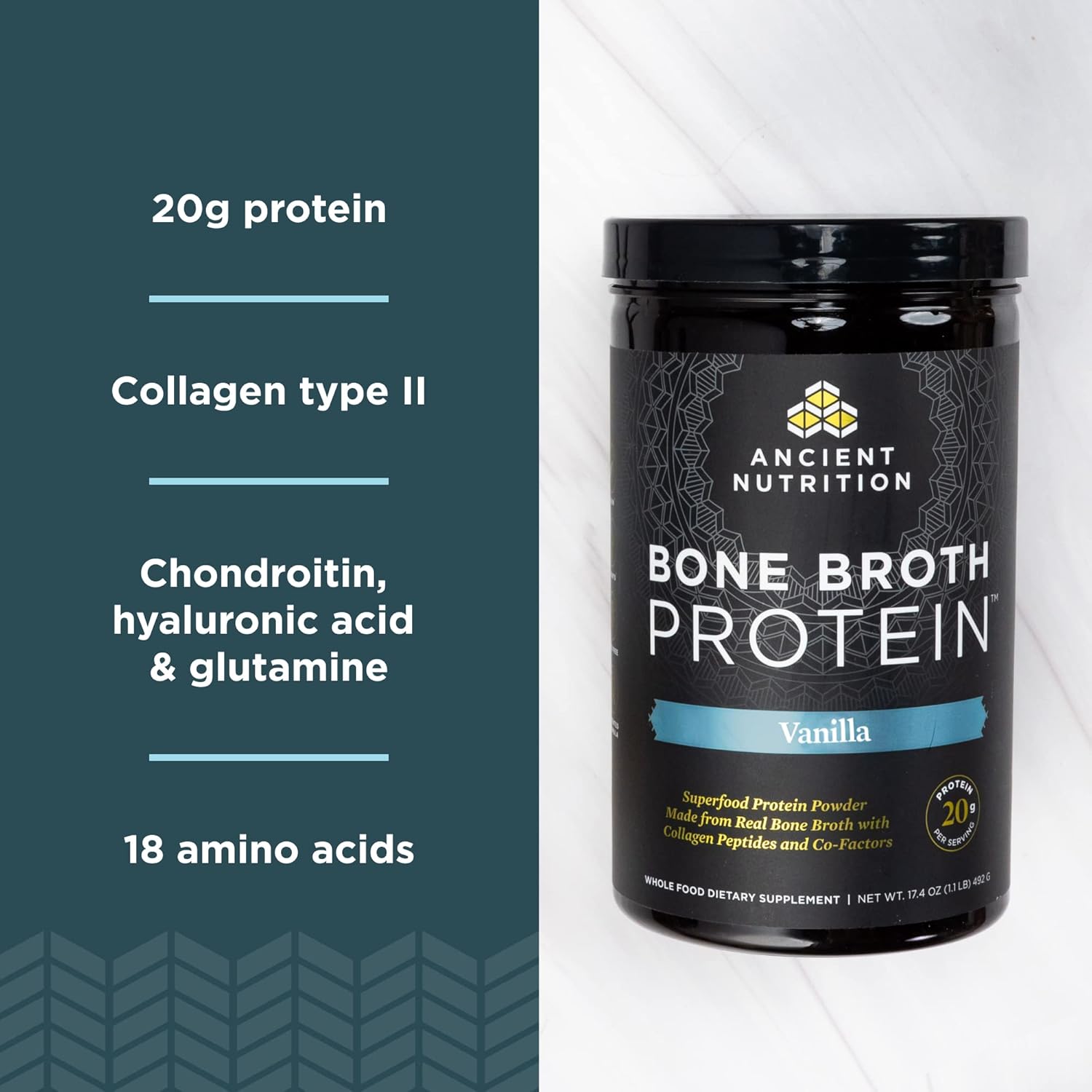 40 Servings of Ancient Nutrition Bone Broth Protein Powder in Chocolate and Vanilla Flavors