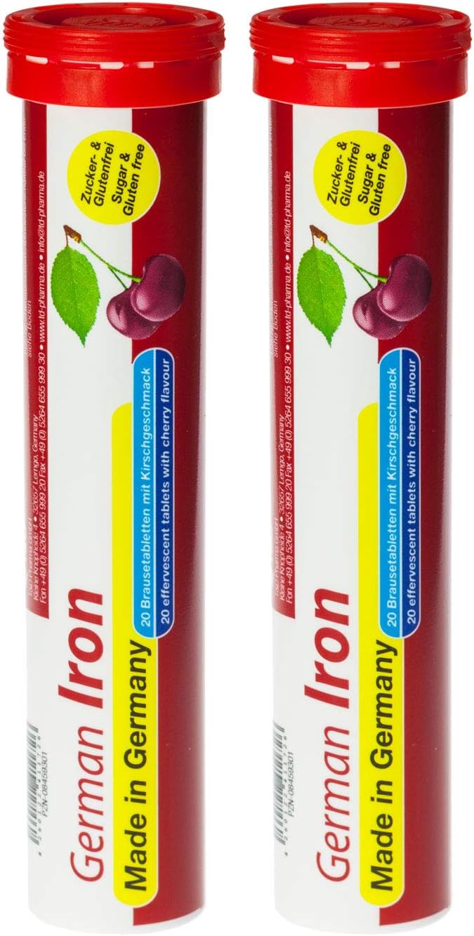 40 Vegan Cherry Flavored Iron Tablets - 14 mg - T&D German Made - Effervescent