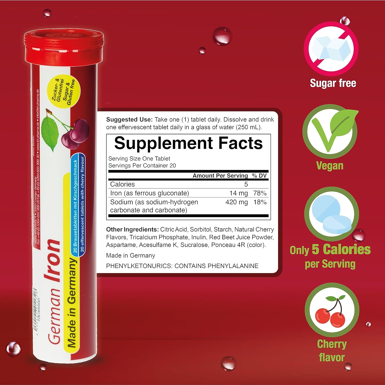 40 Vegan Cherry Flavored Iron Tablets - 14 mg - T&D German Made - Effervescent
