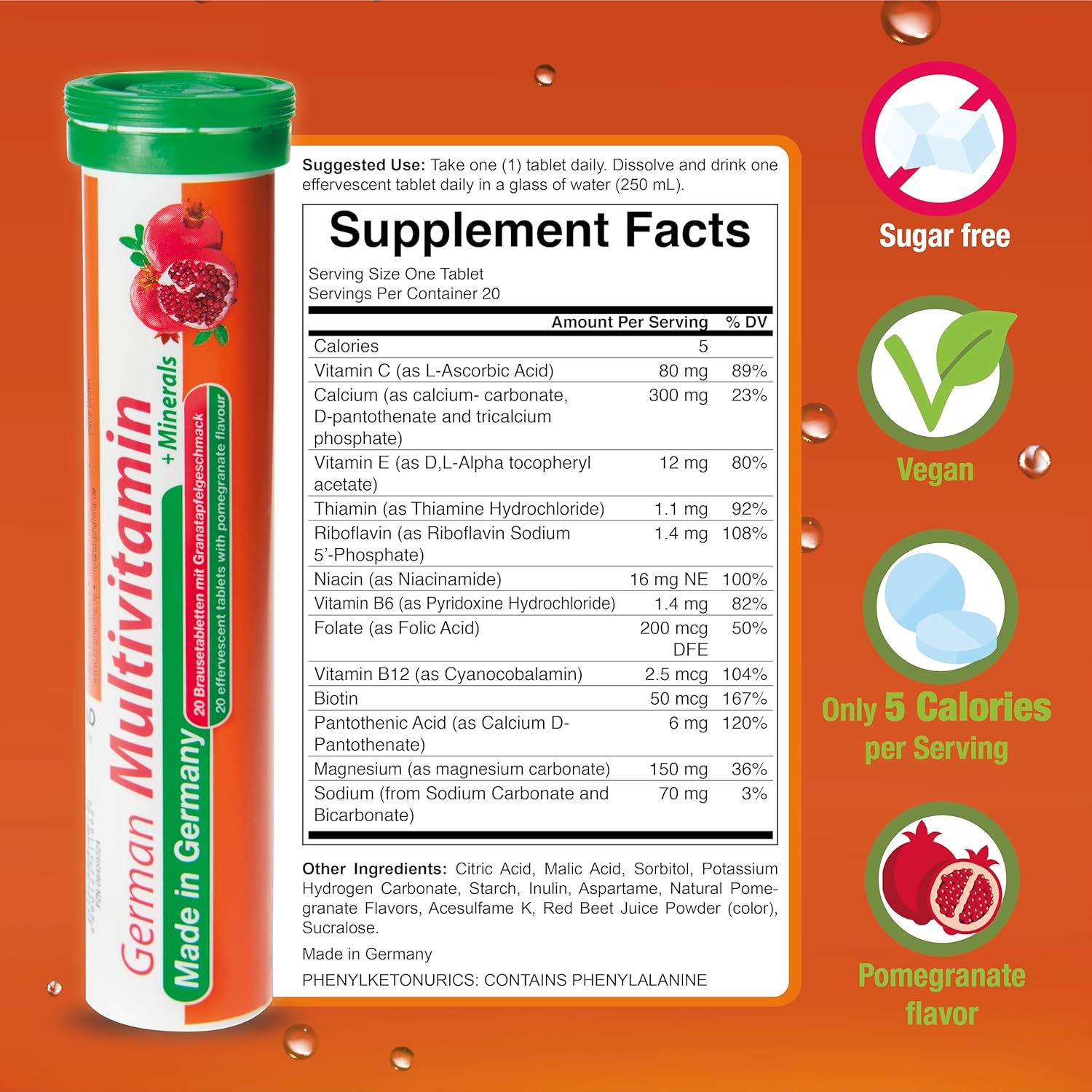 40 Vegan Effervescent Multivitamin + Mineral Tablets with 10 Vitamins & 2 Minerals - Pomegranate Flavor from Germany