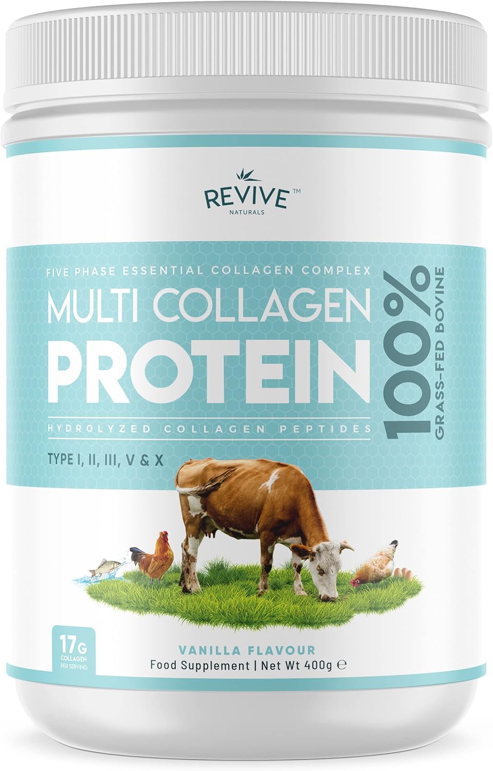 400g Unsweetened Vanilla Multi Collagen Protein Powder with 5 Types of Collagen Peptides - Grass Fed Bovine, Wild Caught Marine & Free-Range Chicken - Keto Friendly