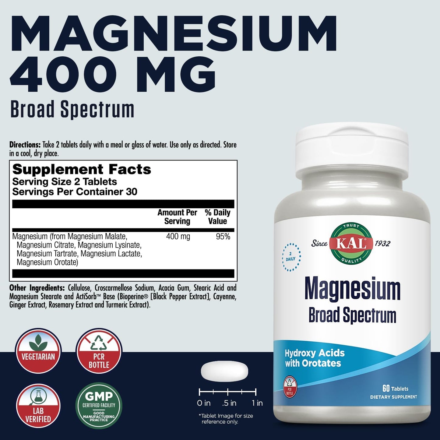 400mg Chelated Magnesium Supplement for Better Absorption - Vegetarian Tablets - 60 Count