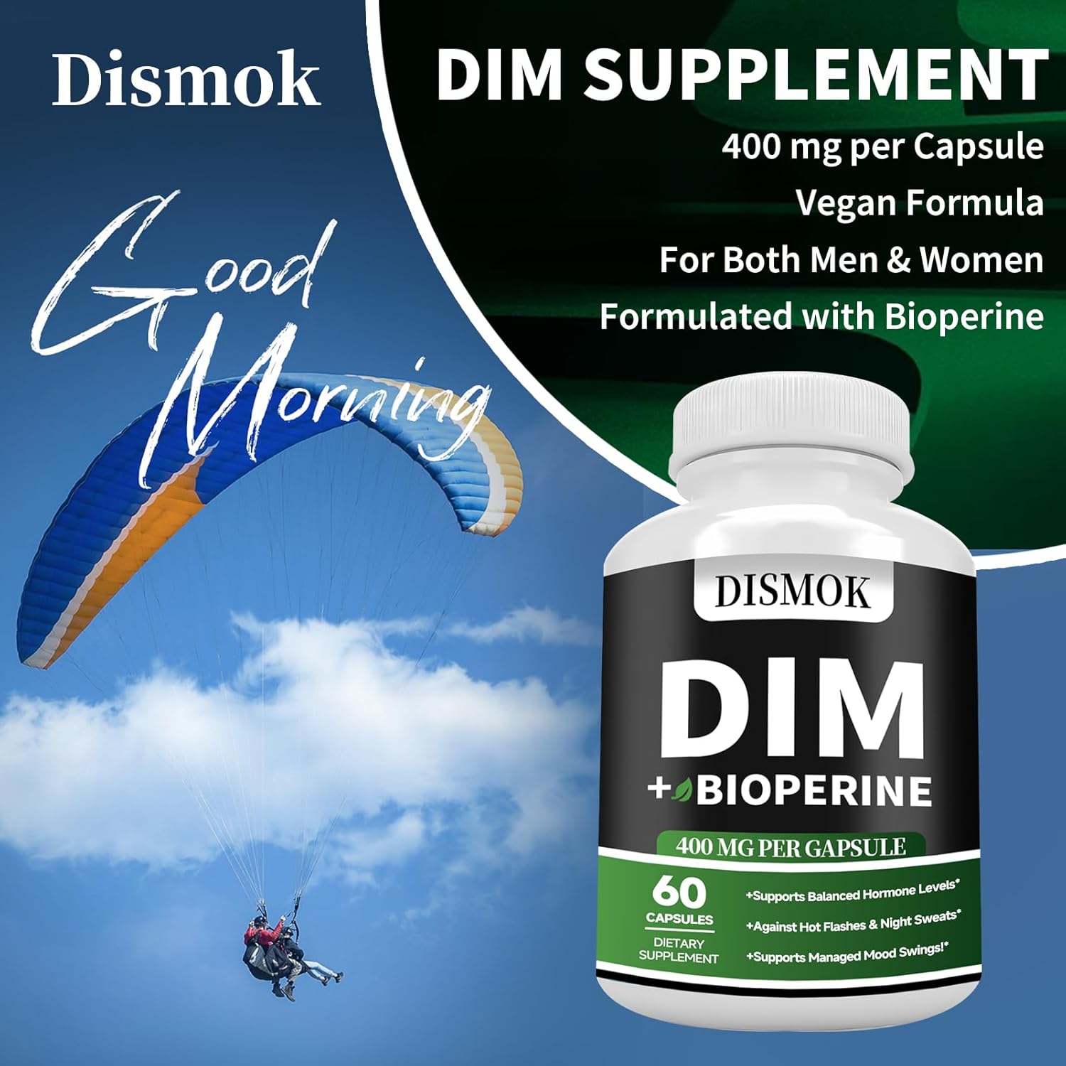 400mg Dismok Premium DIM Supplement with BioPerine for Hormone Balance, Acne Relief, Hot Flashes & Night Sweats - 60 Capsules