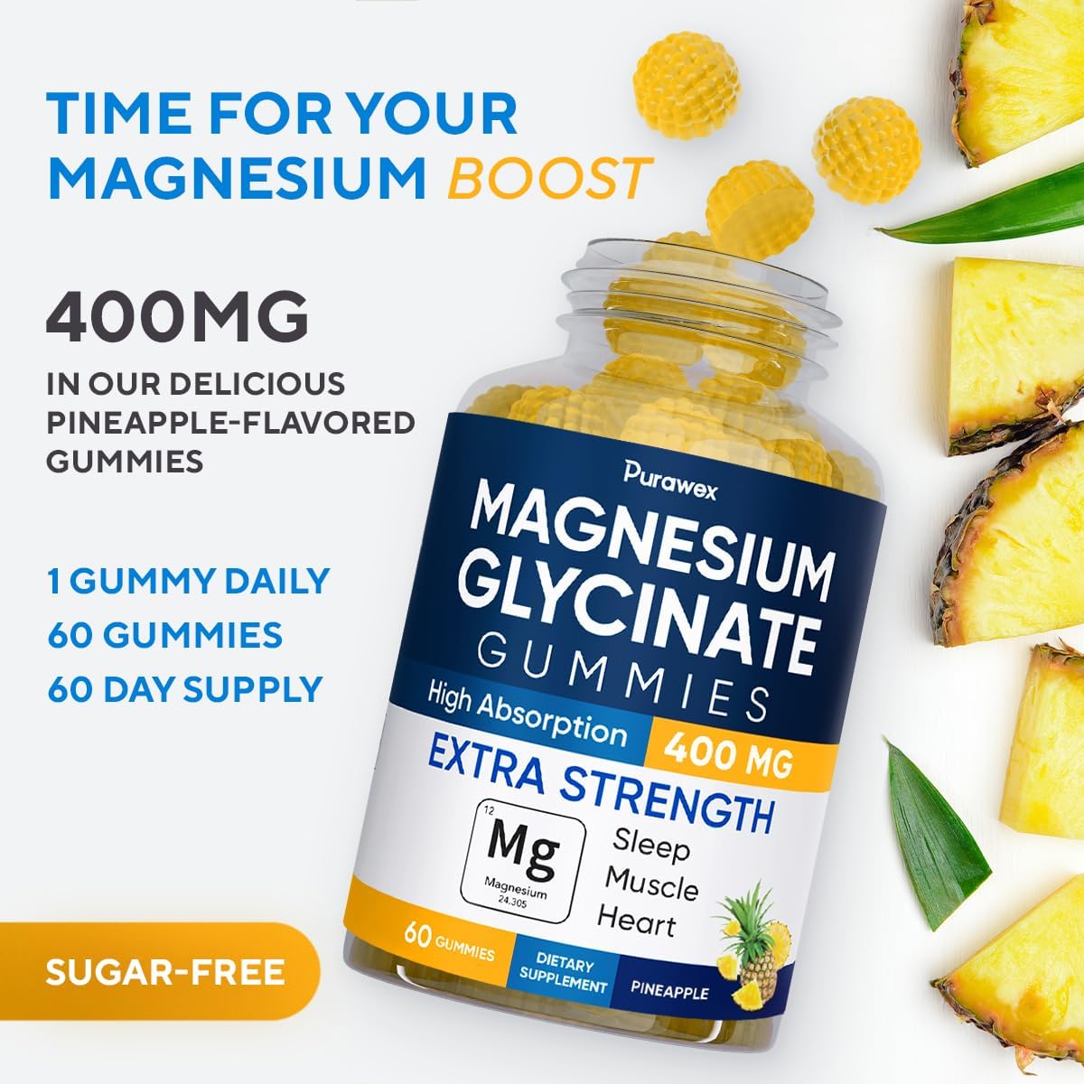 400mg Magnesium Glycinate Gummies for Adults & Kids - High Absorption, Sugar Free, Vegan, Non GMO - 60 Day Supply - Raspberry & Pineapple
