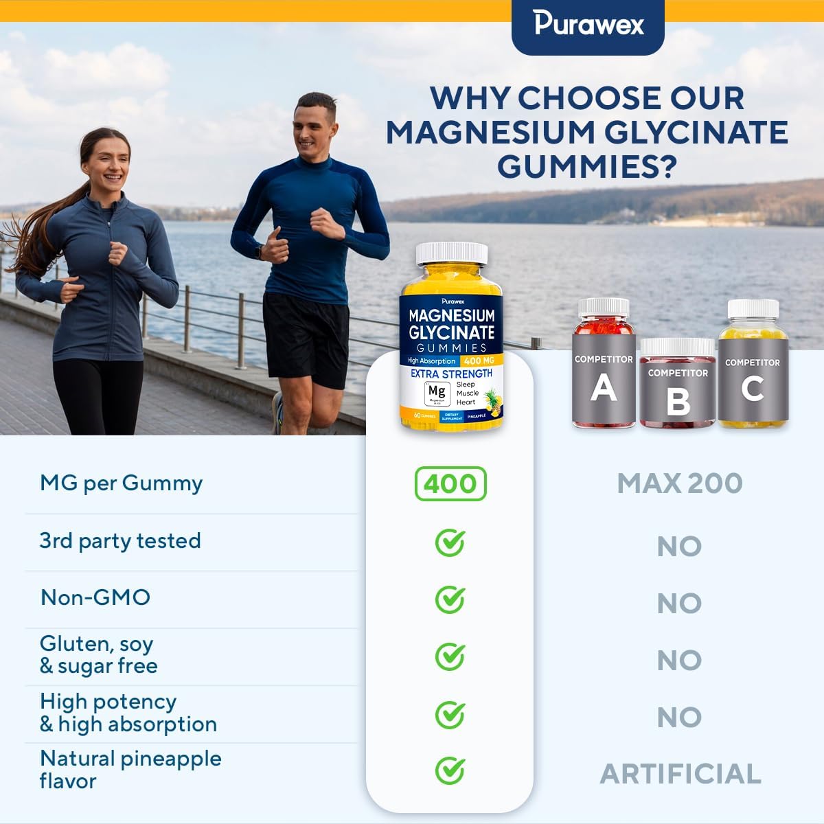 400mg Magnesium Glycinate Gummies for Adults & Kids - High Absorption, Sugar Free, Vegan, Non GMO - 60 Day Supply - Raspberry & Pineapple