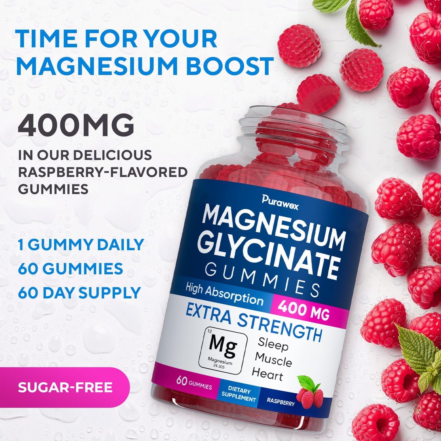 400mg Magnesium Glycinate Gummies for Adults & Kids - High Absorption, Sugar Free, Vegan, Non GMO - 60 Day Supply - Raspberry & Pineapple
