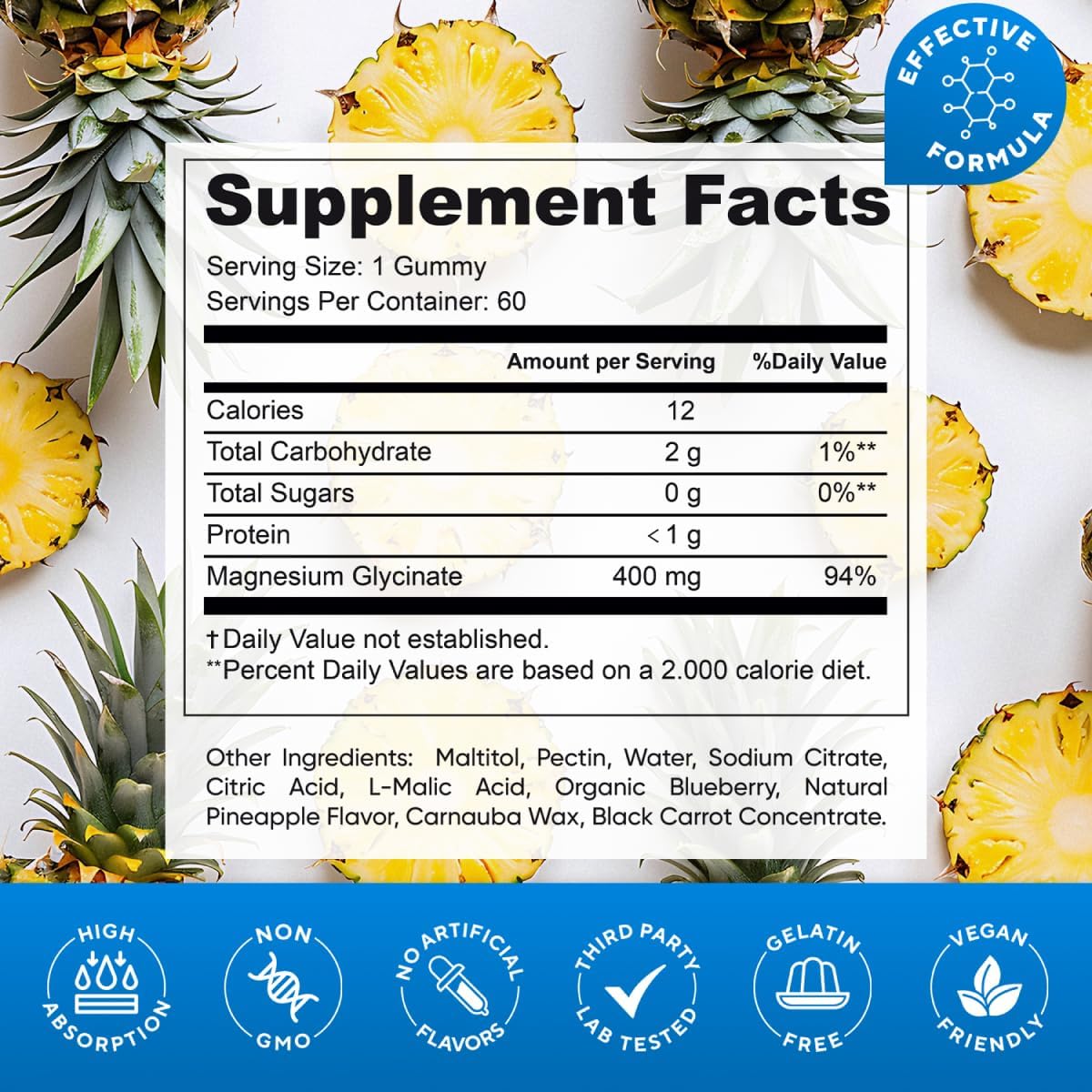 400mg Magnesium Glycinate Gummies for Adults & Kids - High Absorption, Sugar Free, Vegan, Non GMO - 60 Day Supply - Raspberry & Pineapple