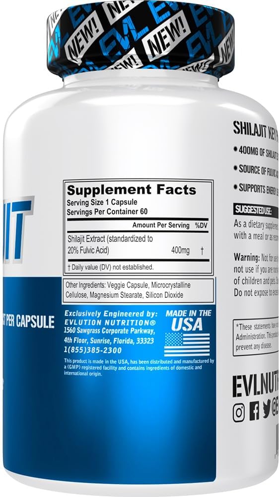 400mg Shilajit Extract Vegetarian Capsules for Energy Support and Workout Performance - Fulvic Acid Supplement - 60 Servings
