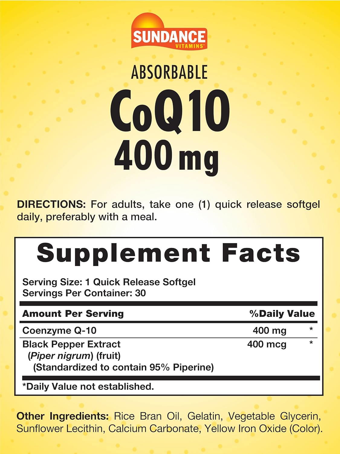 400mg Sundance CoQ10 Softgels with Black Pepper Extract - Non-GMO & Gluten Free