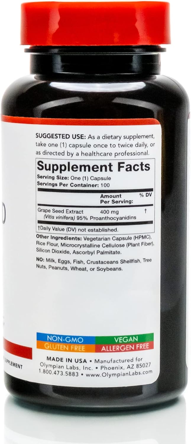 400mg Vegan Grape Seed Extract Capsules | Heart & Immune Support, Antioxidant - 100 Count by Olympian Labs