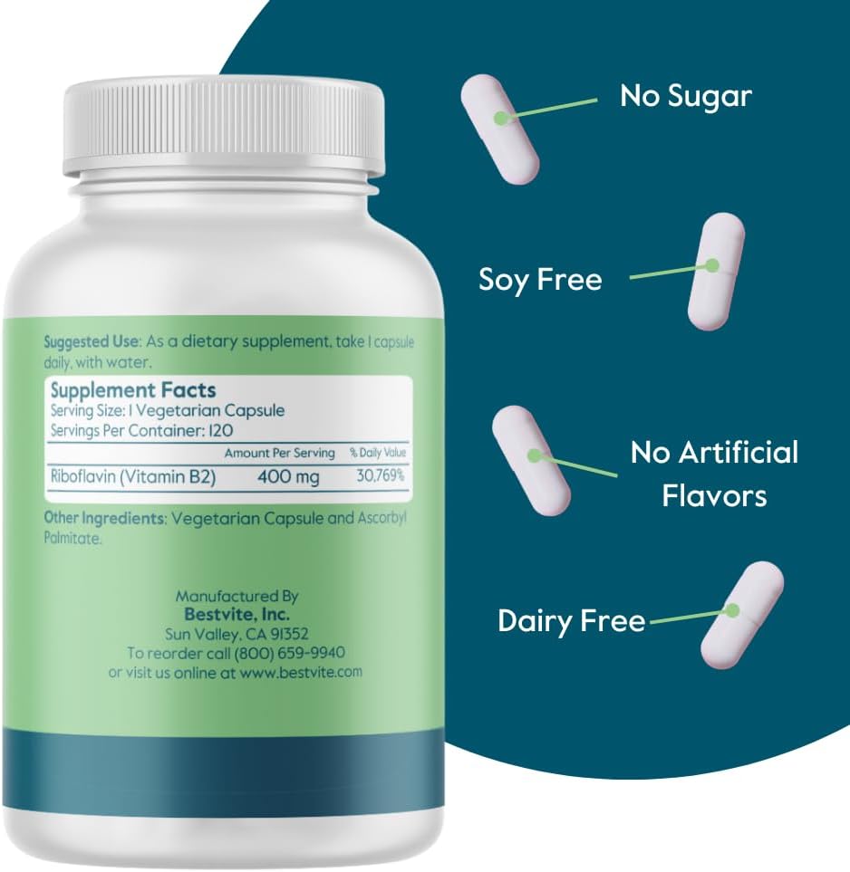 400mg Vitamin B-2 (Riboflavin) Vegetarian Capsules - 240 Count (2 Pack) - Vegan, Non GMO, Gluten Free - No Stearates - High Quality