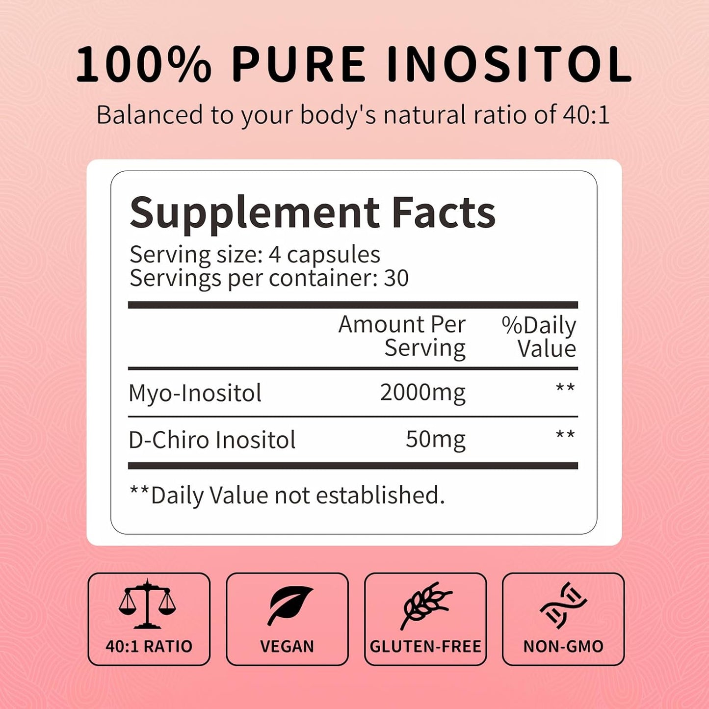 40:1 Ratio Inositol Supplement for Hormonal Balance, Ovarian Function & Cycle Support - 120 Vegan Capsules, Vitamin B8 - 30-Day Supply