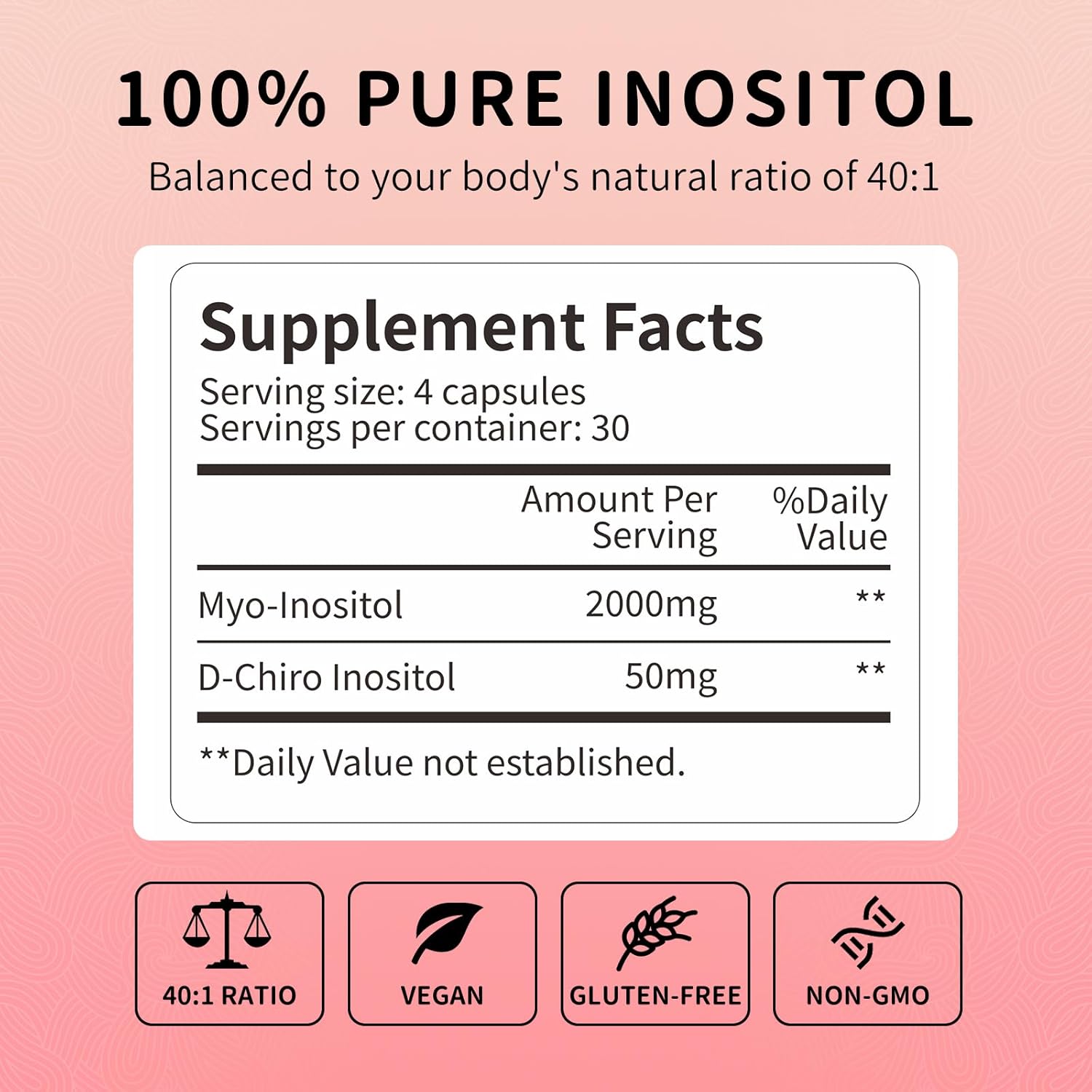 40:1 Ratio Inositol Supplement for Hormonal Balance, Ovarian Function & Cycle Support - 120 Vegan Capsules, Vitamin B8 - 30-Day Supply
