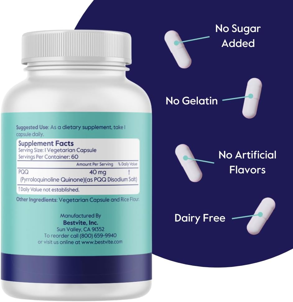 40mg Bestvite PQQ Supplement (60 Capsules) - Vegan, Non-GMO, Gluten Free, No Stearates - High Quality Pyrroloquinoline Quinone