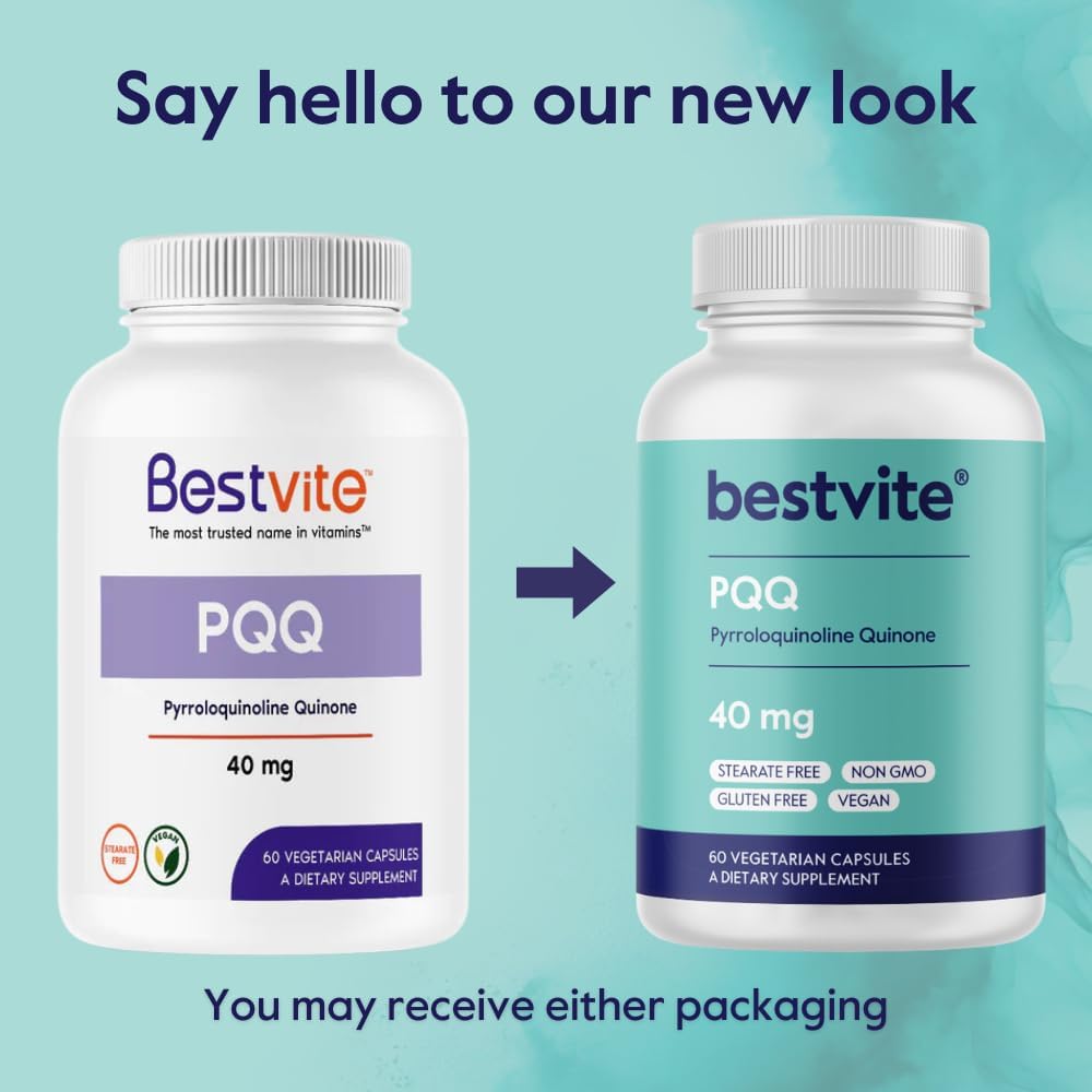 40mg Bestvite PQQ Supplement (60 Capsules) - Vegan, Non-GMO, Gluten Free, No Stearates - High Quality Pyrroloquinoline Quinone
