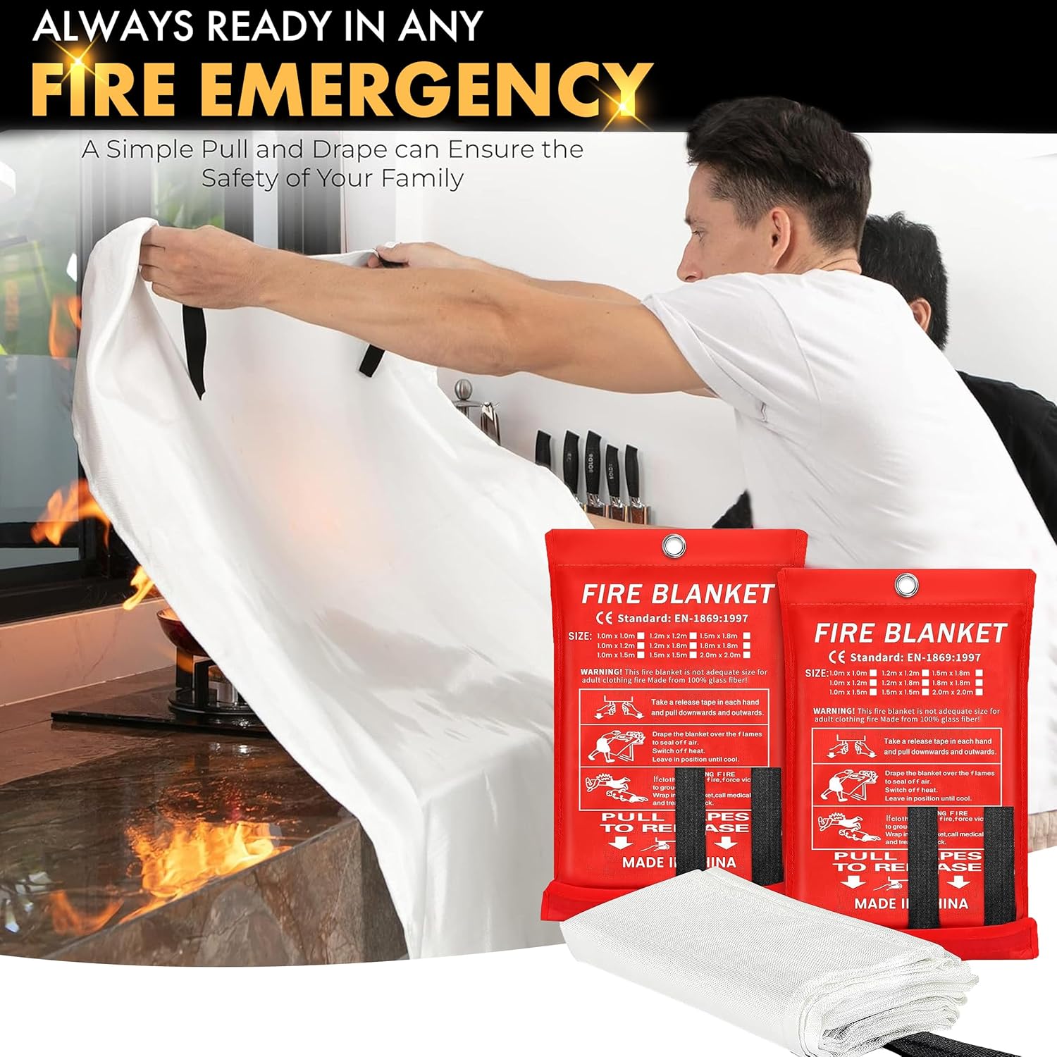 40"x40" Fire Blanket for Home and Kitchen - Pack of 2, High Heat Resistant Emergency Fire Extinguisher Blanket for Home Safety, Kitchen, and Camping
