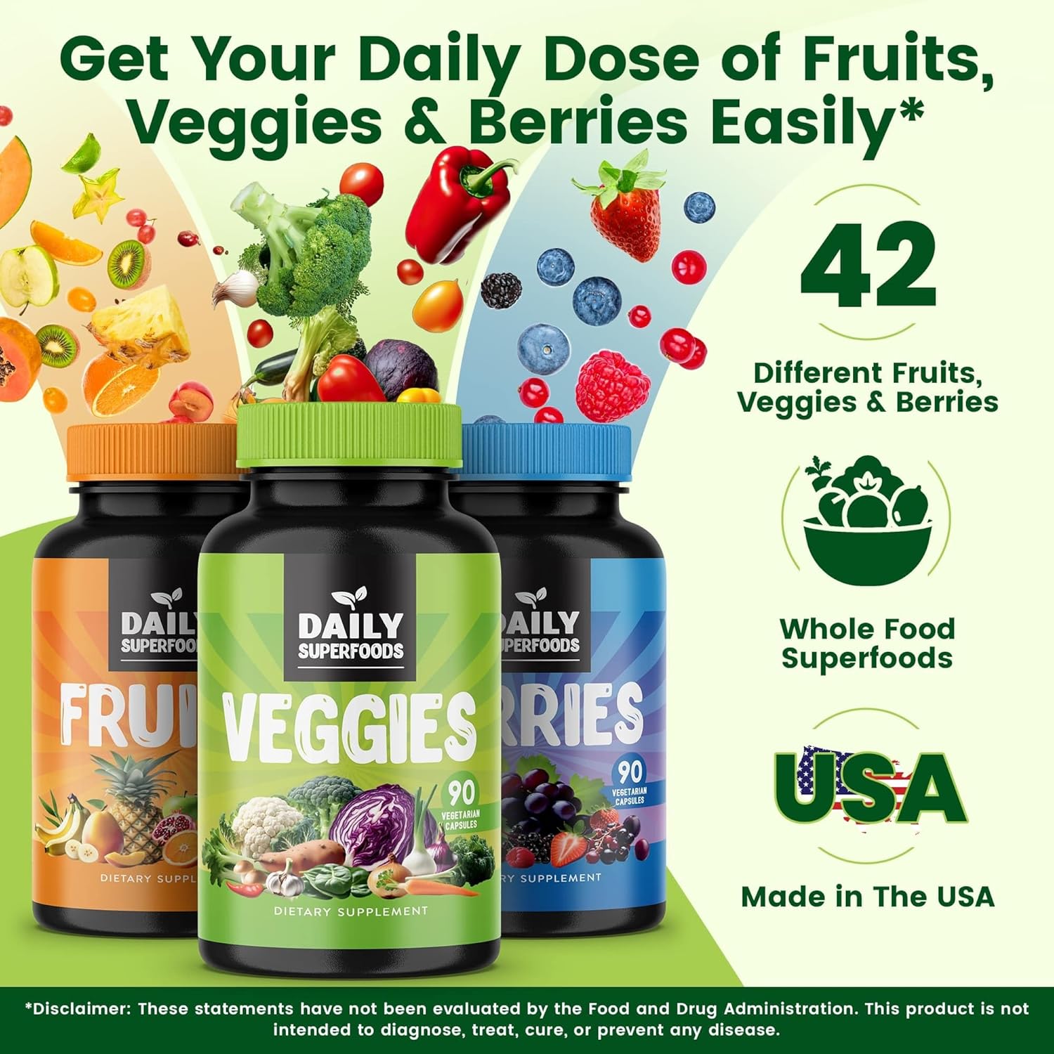42 Different Whole Food Fruits and Veggies Supplement with Berries - Daily Superfoods for Natural Energy Boost - 100% Fruit and Vegetable Capsules - Made in USA