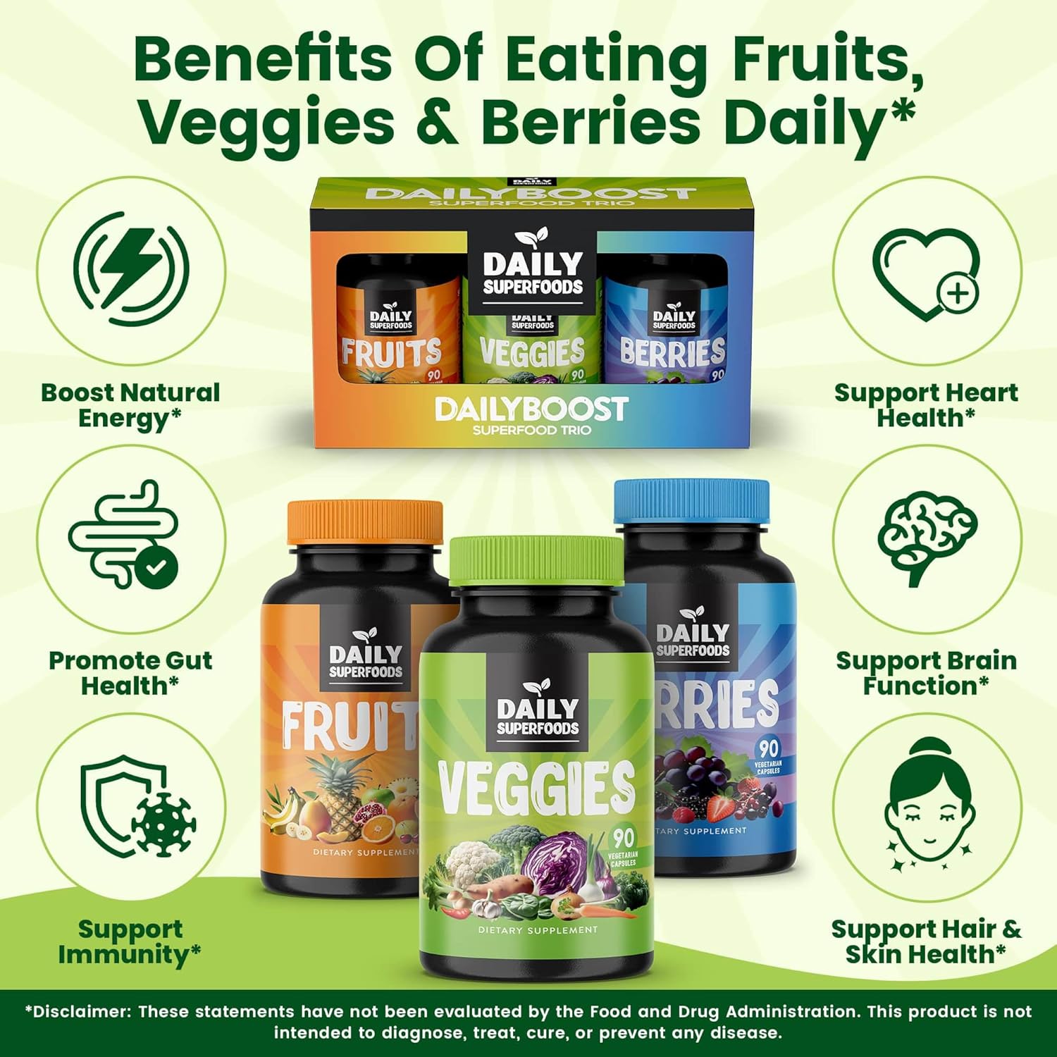 42 Different Whole Food Fruits and Veggies Supplement with Berries - Daily Superfoods for Natural Energy Boost - 100% Fruit and Vegetable Capsules - Made in USA