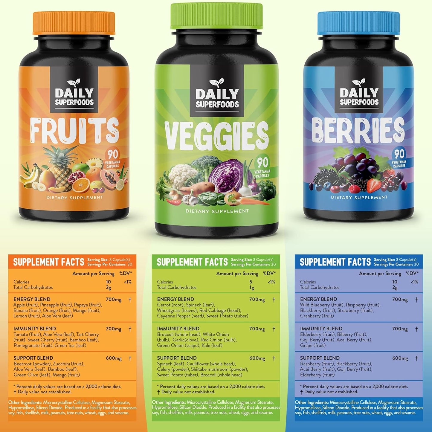 42 Different Whole Food Fruits and Veggies Supplement with Berries - Daily Superfoods for Natural Energy Boost - 100% Fruit and Vegetable Capsules - Made in USA