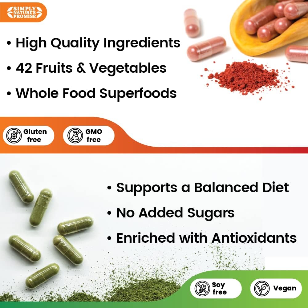 42 Fruits & Vegetables Whole Food Supplement - 2-Month Supply - Non-GMO - Energy & Wellness Support - Soy-Free - 360 Capsules