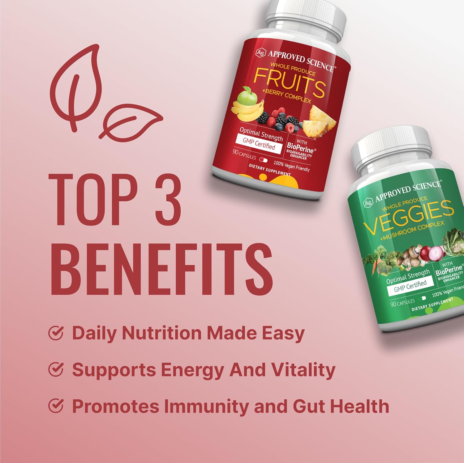 42 Whole Fruit and Veggie Supplement for Enhanced Health & Vitality - Daily Natural Vitamins, Minerals, Antioxidants - 270 Capsules, 3-Month Supply by Approved Science
