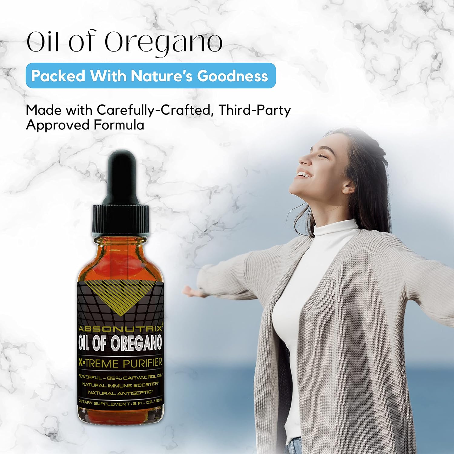 43 mg Absonutrix Oil of Oregano with 85% Carvacrol Oil - High Bioavailability, Quick Absorption - 540 Servings, 2 Oz Bottle - Potent, Cruelty-Free, Third-Party Tested, Non-GMO - Made in USA