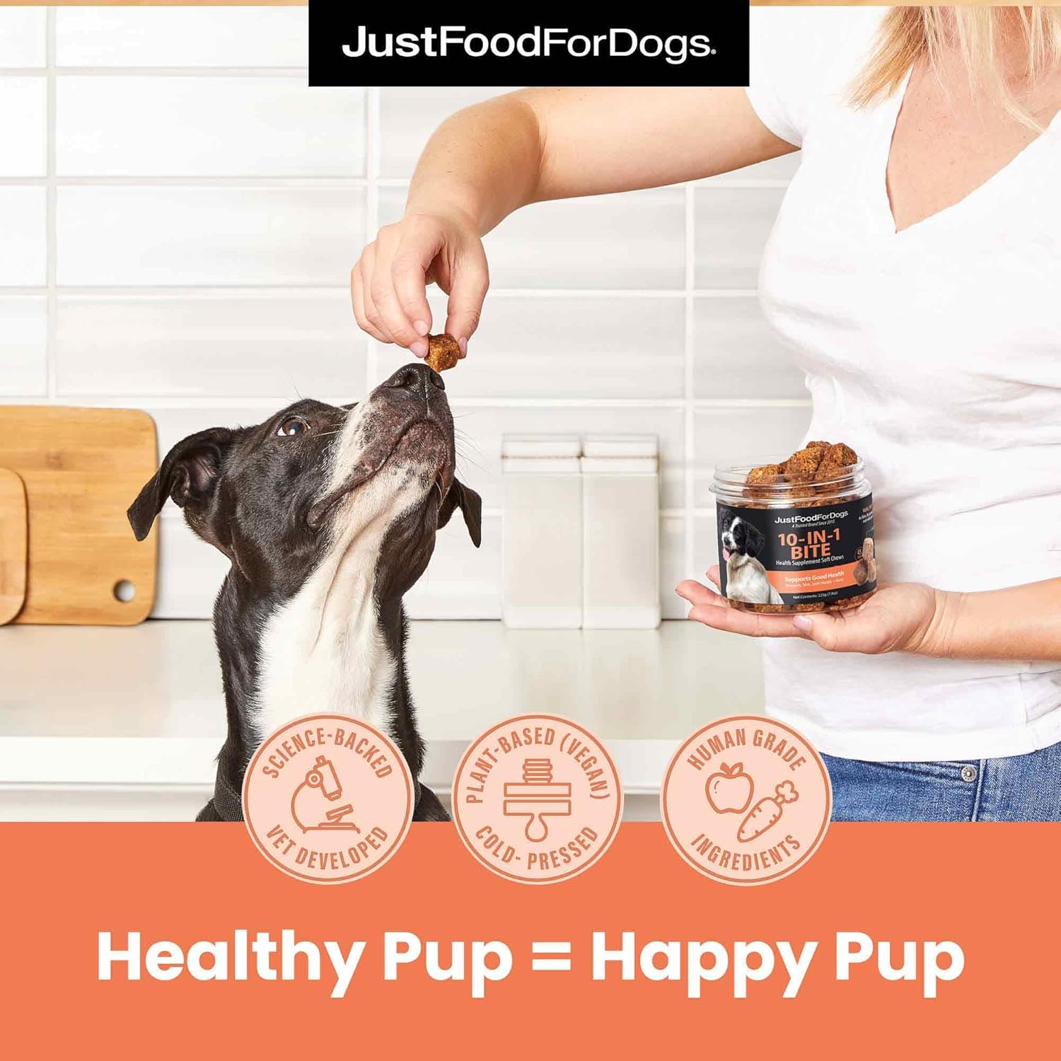 45 Count JustFoodForDogs Multifunctional Supplement Chews with Superfood Blend, Glucosamine, Omega-3, Probiotics for Skin & Joint Health
