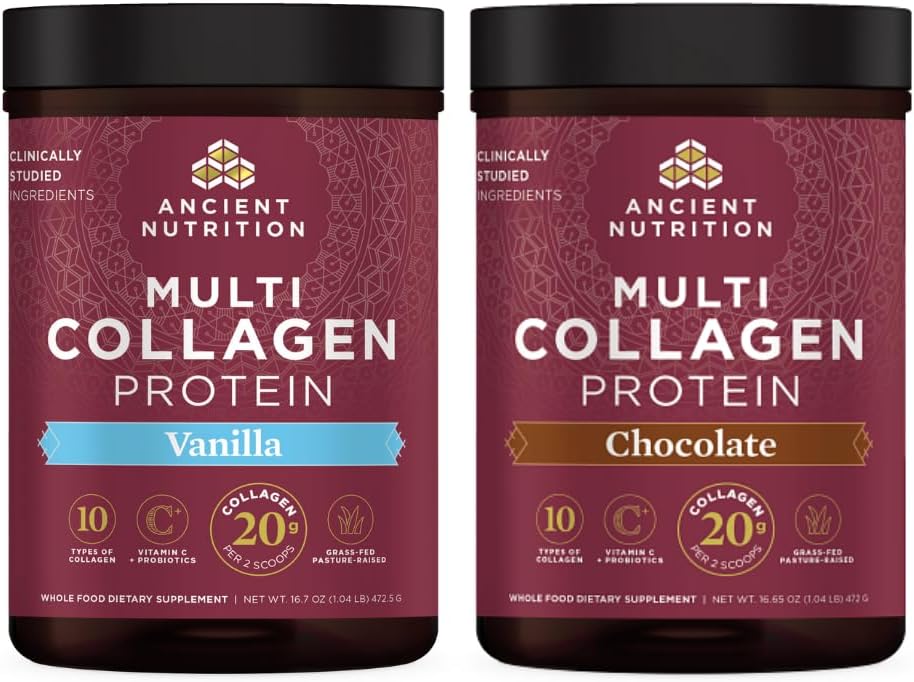 45 Servings of Ancient Nutrition Multi Collagen Protein Powder in Vanilla and Chocolate Flavor Pack
