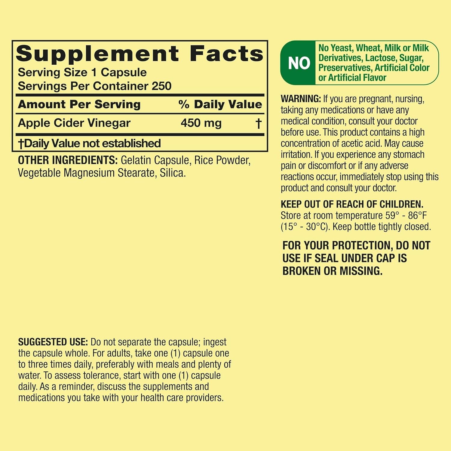 450 mg Apple Cider Vinegar Capsules - 250 Count ACV Supplement Pills for Wellness